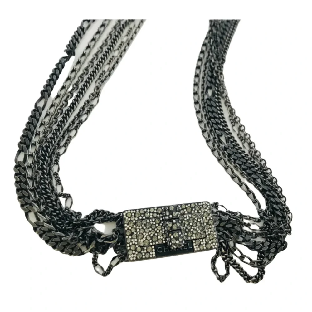 Chanel Multi Strand Gunmetal-Silver Crystal Reissue Lock Necklace